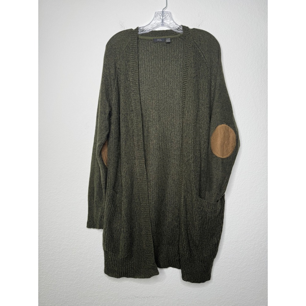 RDI Olive Green Elbow Patch Open Front Longline Cardigan XL Preppy Academia